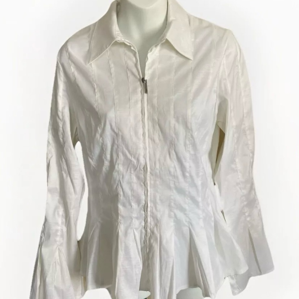 Melanie Lyne White Long Sleeve Front Zip Detail Blouse Size 8